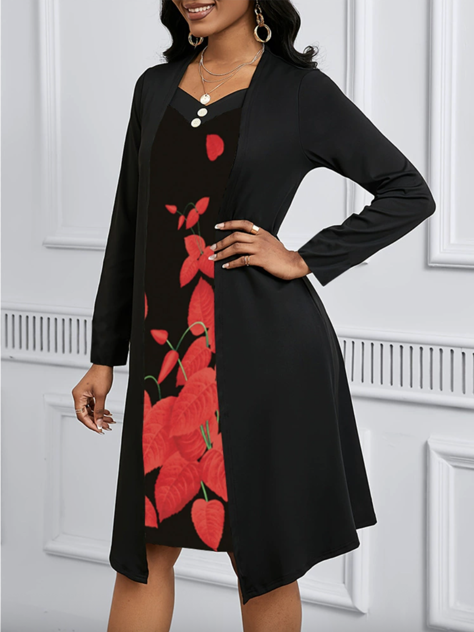 Damen Geblümt Frühling/Herbst Kleid V-Ausschnitt Langarm A-Linien-Kleid
