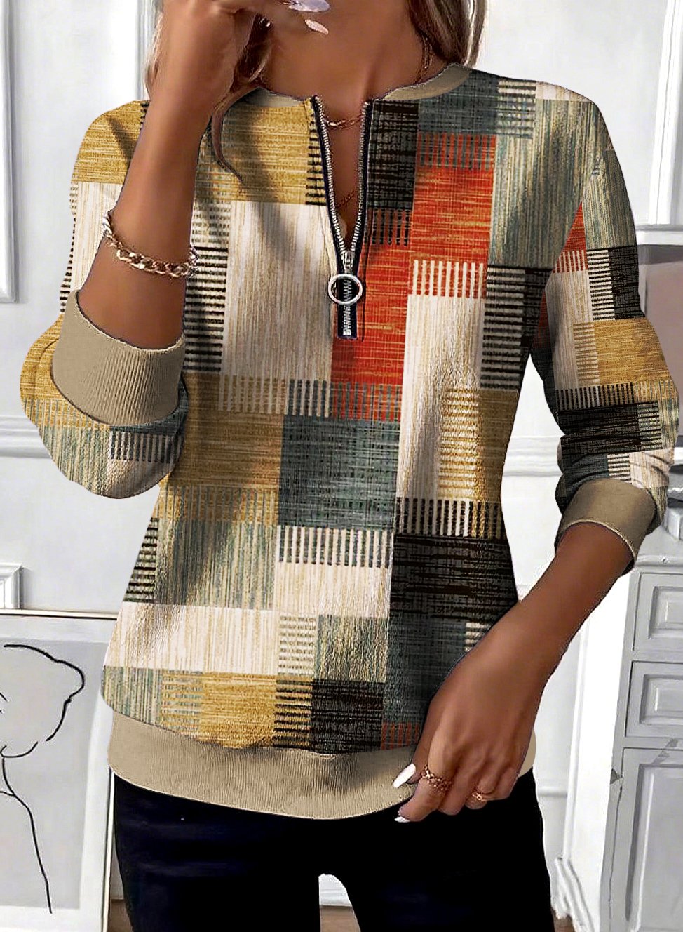 Lässig Stehkragen Geometrisch Sweatshirt