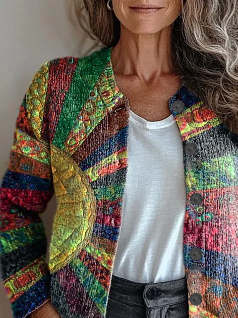 Damen Abstrakt Langarm Bequem Retro Print Strickjacke