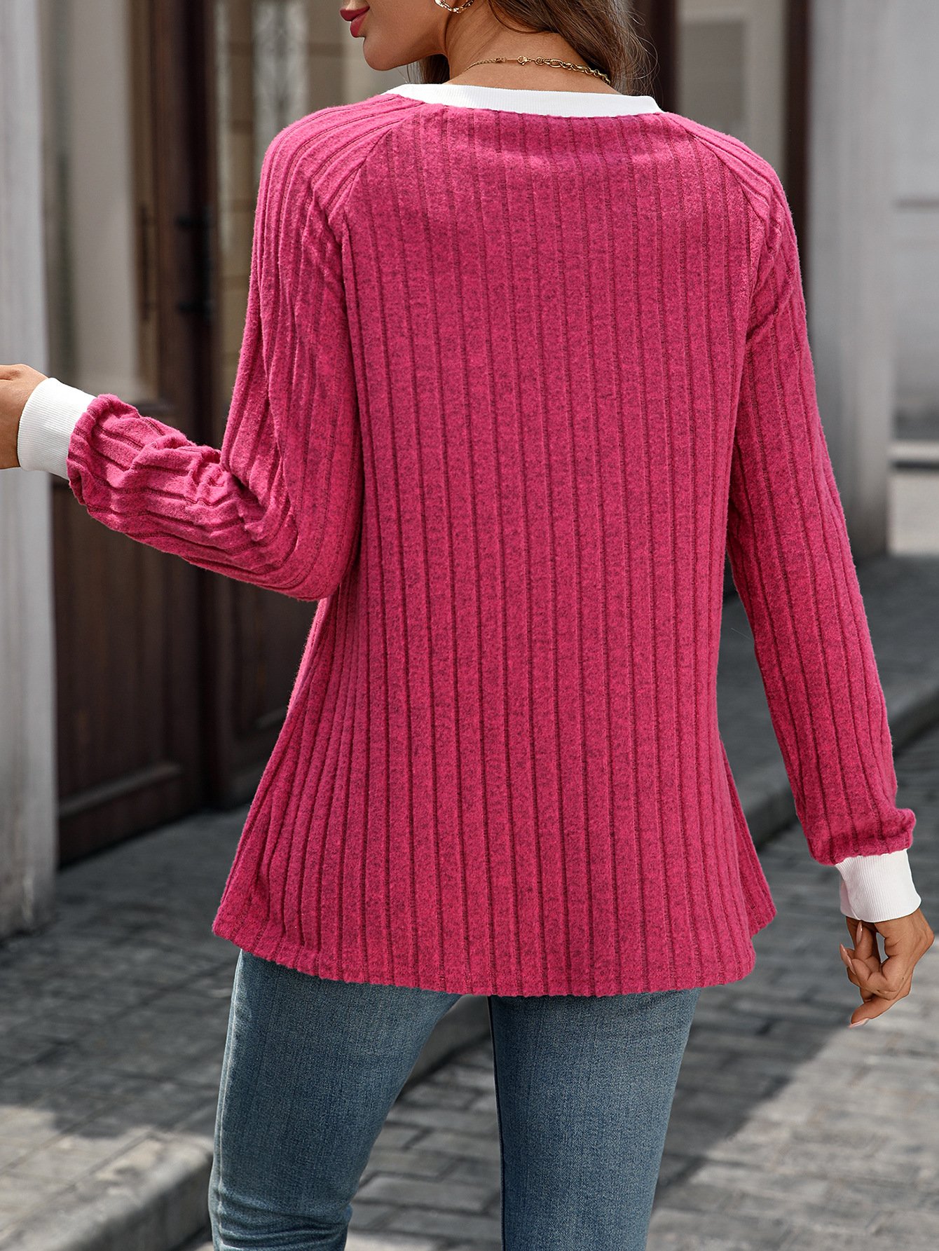 Lässig Farbblock Rundhals Langarm T-Shirt