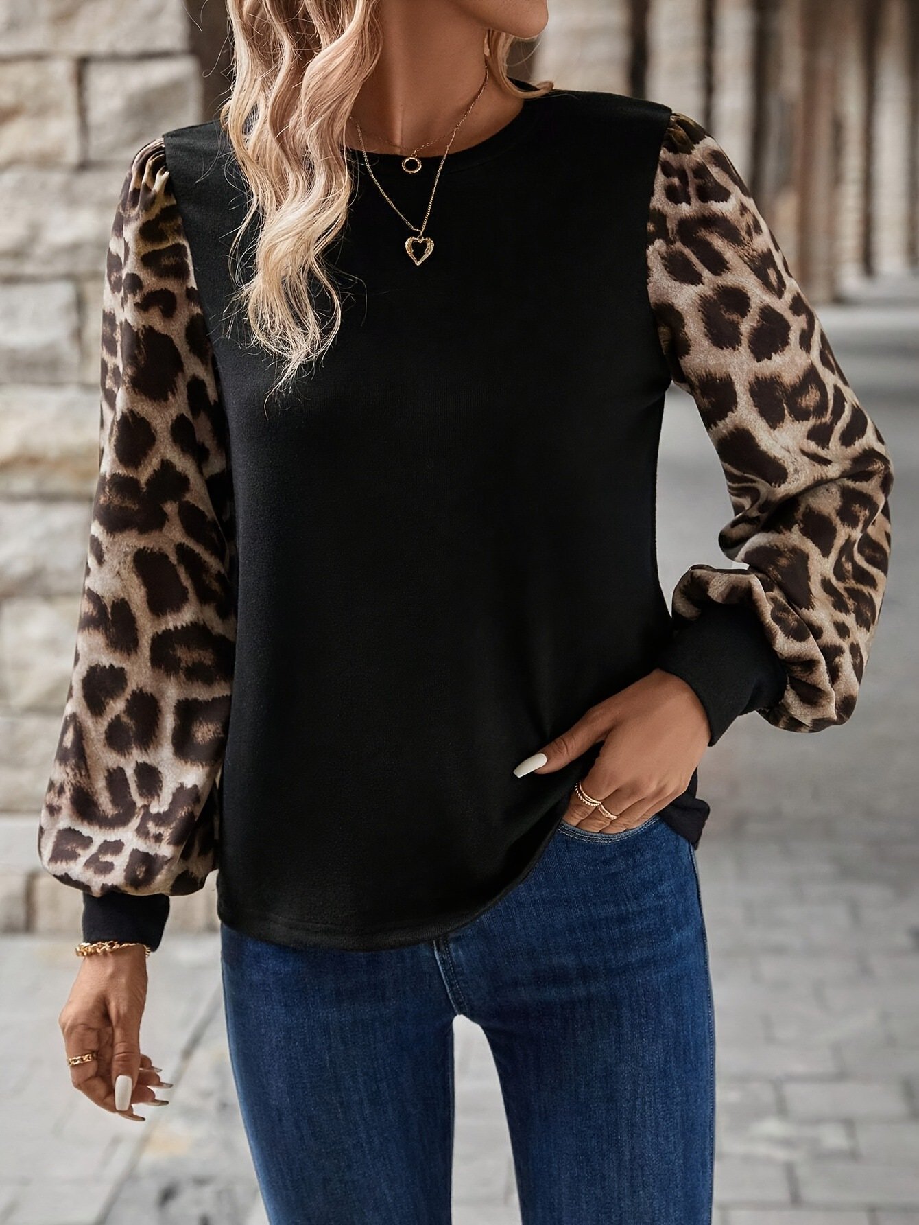 Lässig Farbblock Rundhals Langarm T-Shirt