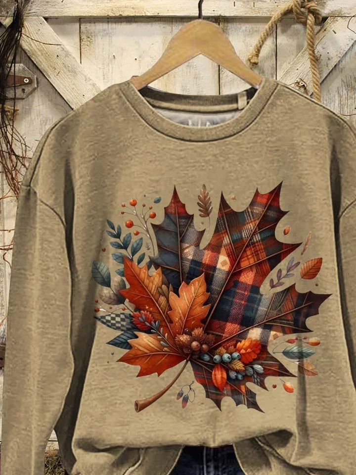 Lässig Rundhals Ahornblatt Sweatshirt Print