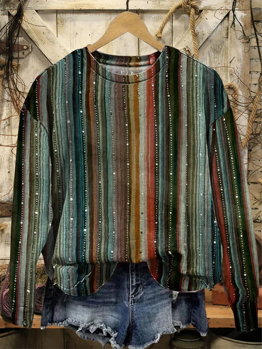 Lässig Rundhals Gestreift Sweatshirt Print