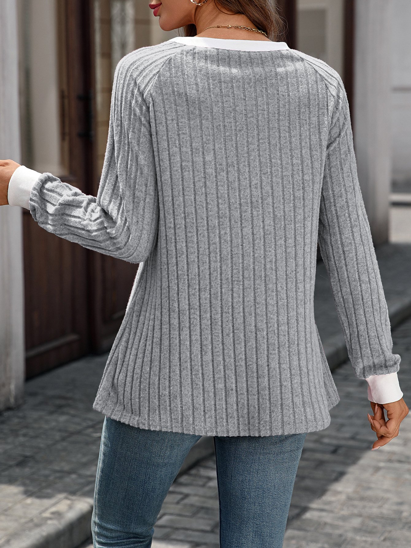 Lässig Farbblock Rundhals Langarm T-Shirt