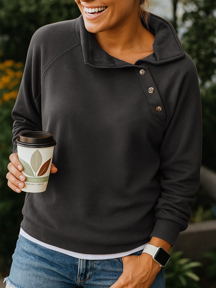 Retro Asymmetrisch Ausschnitt Unifarben Sweatshirt Nahtverarbeitung