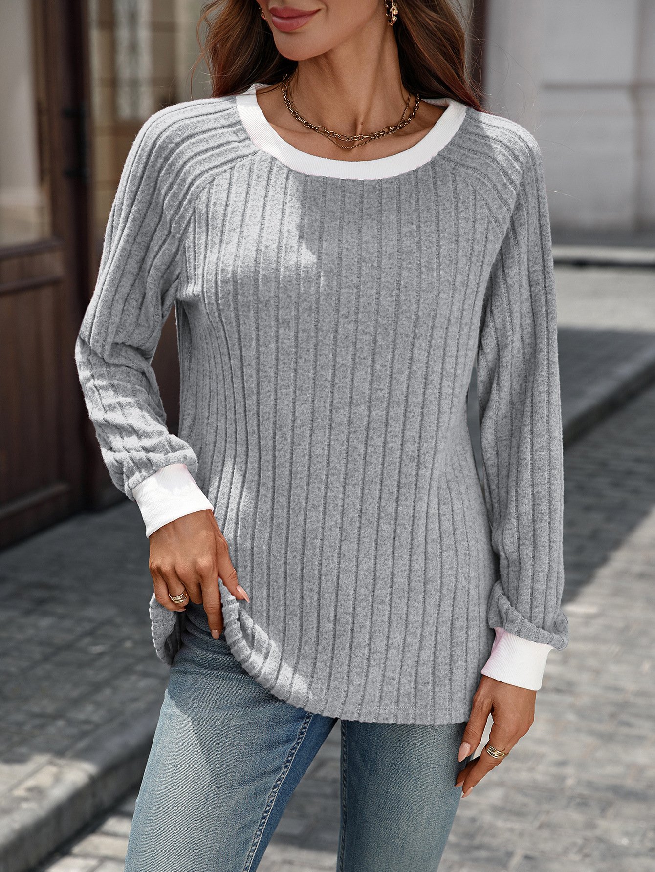 Lässig Farbblock Rundhals Langarm T-Shirt