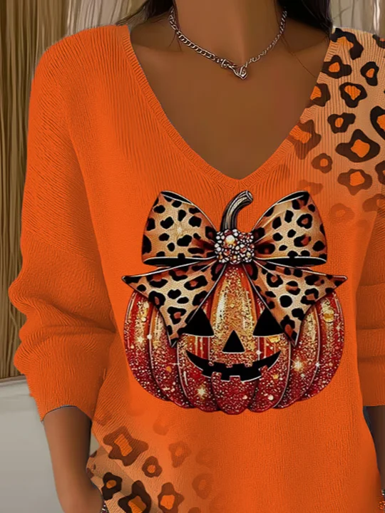 Lässig Leopard V-Ausschnitt Langarm T-Shirt