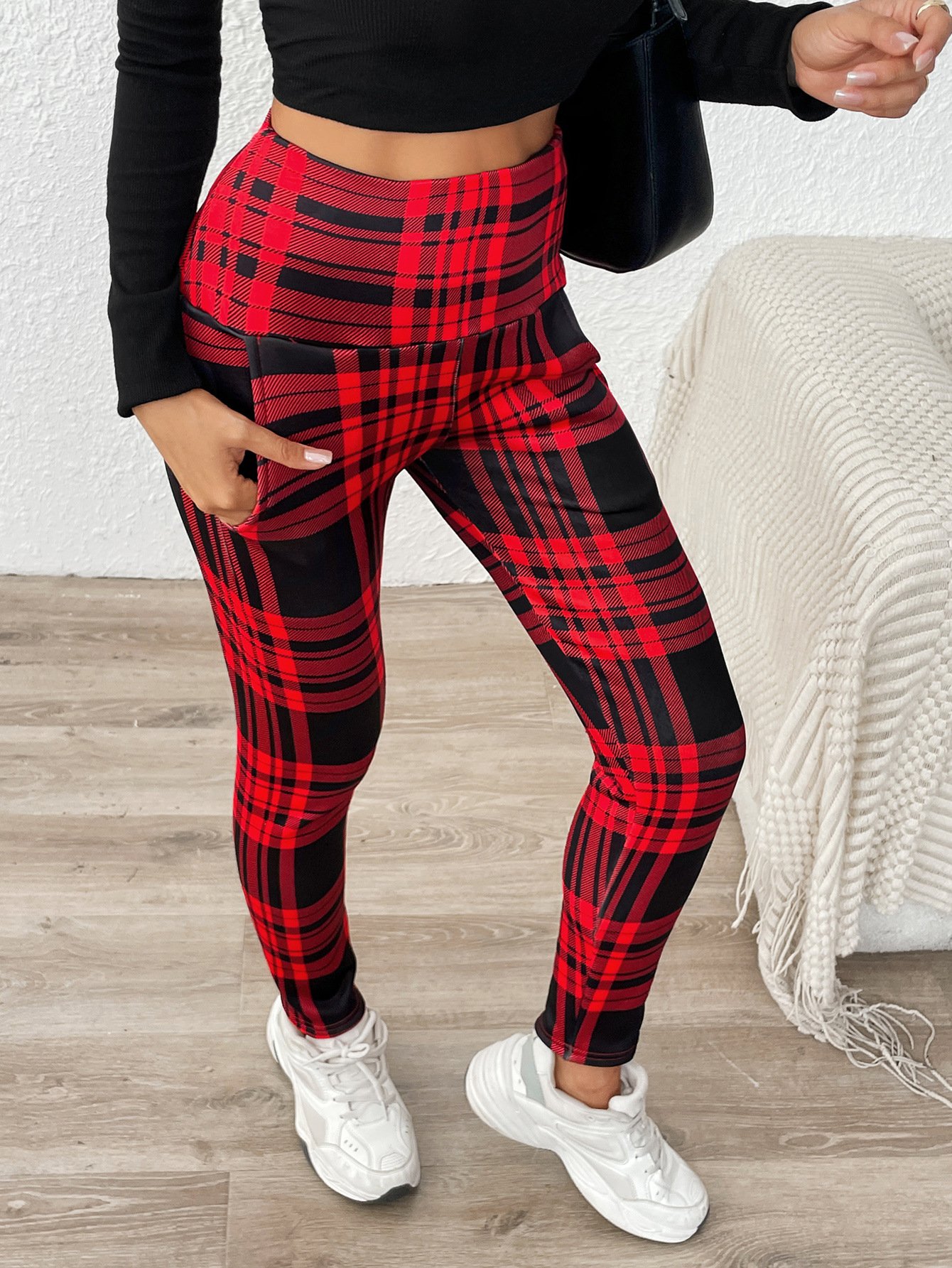 Damen Kariert Lässig Winter Print Lang Leggings