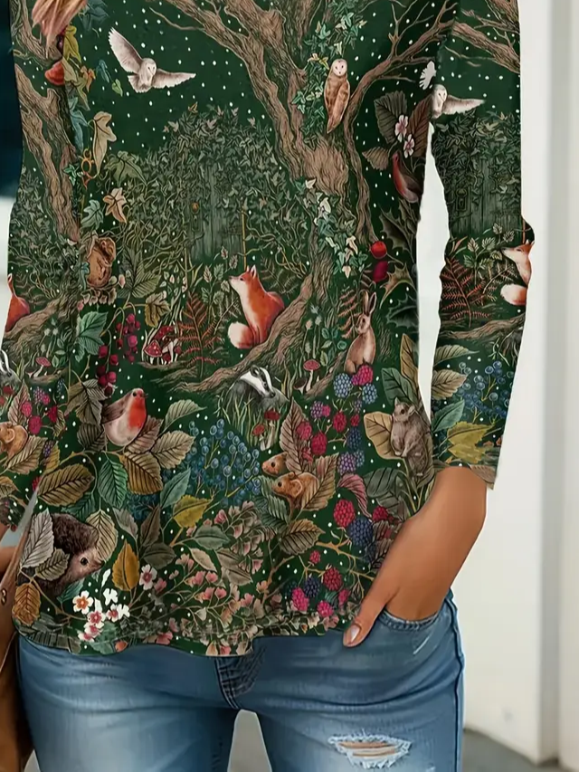 Lässig Geblümt Rundhals Langarm T-Shirt