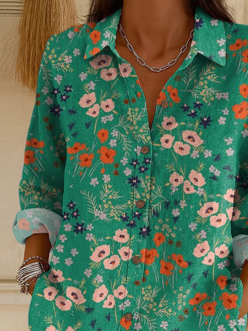 Hemdkragen Langarm Geblümt Regelmäßig Weit Bluse für Damen