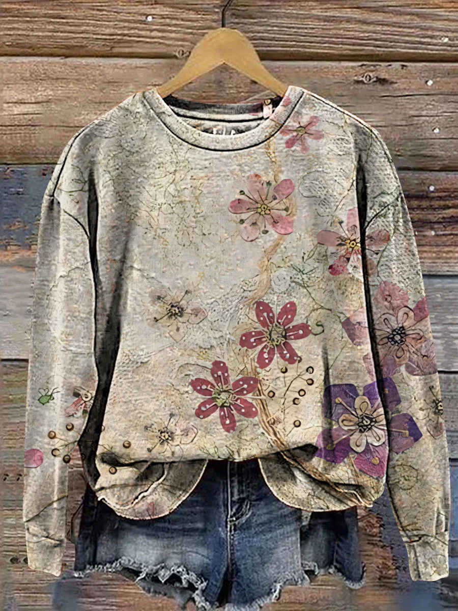 Lässig Rundhals Geblümt Sweatshirt Print