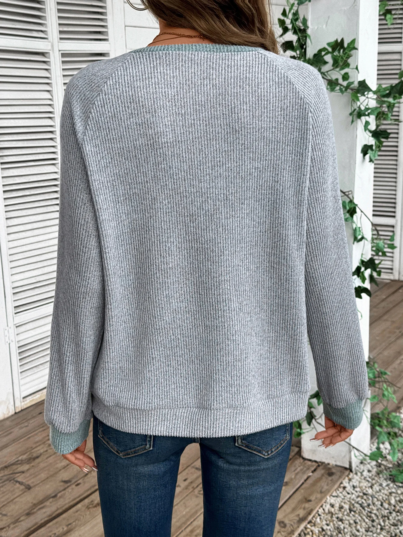 Lässig Farbblock V-Ausschnitt Langarm T-Shirt