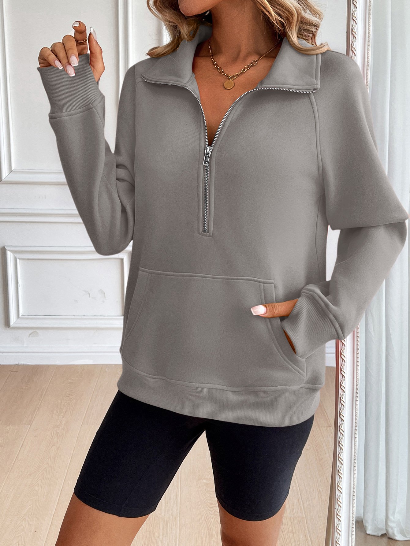 Lässig V-Ausschnitt Unifarben Sweatshirt