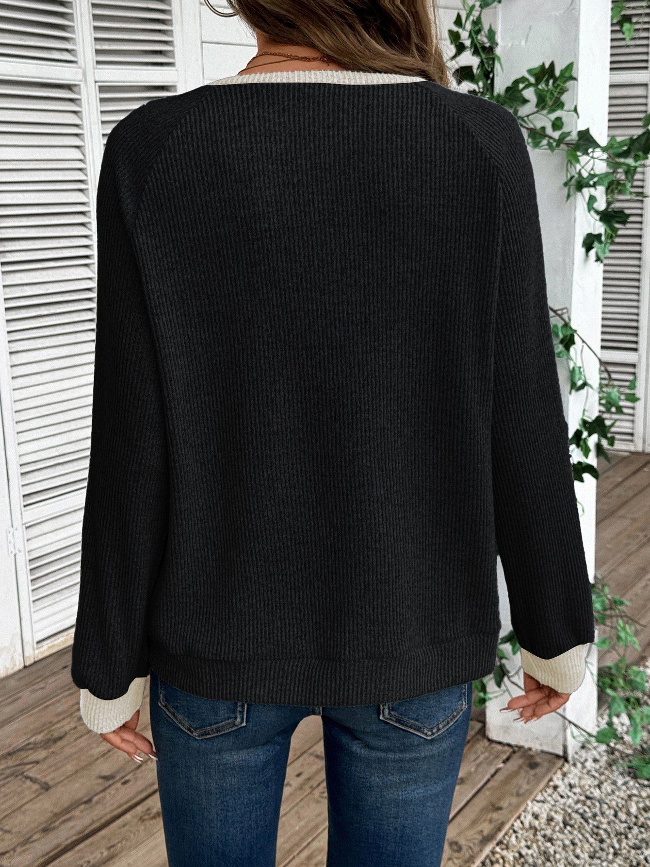 Lässig Farbblock V-Ausschnitt Langarm T-Shirt