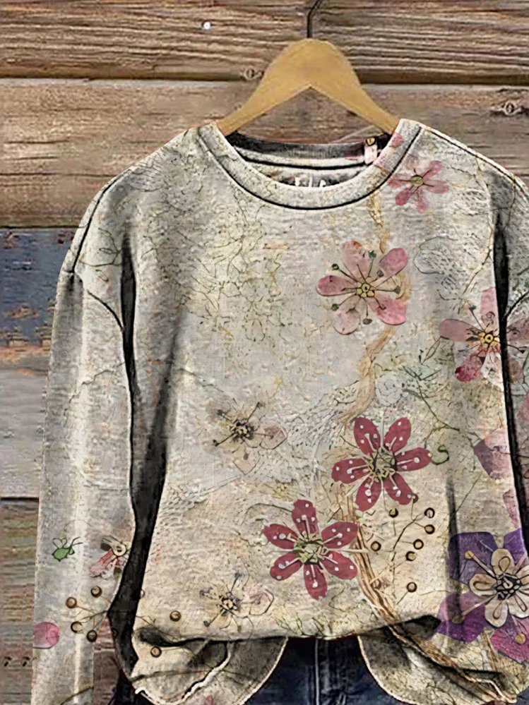 Lässig Rundhals Geblümt Sweatshirt Print