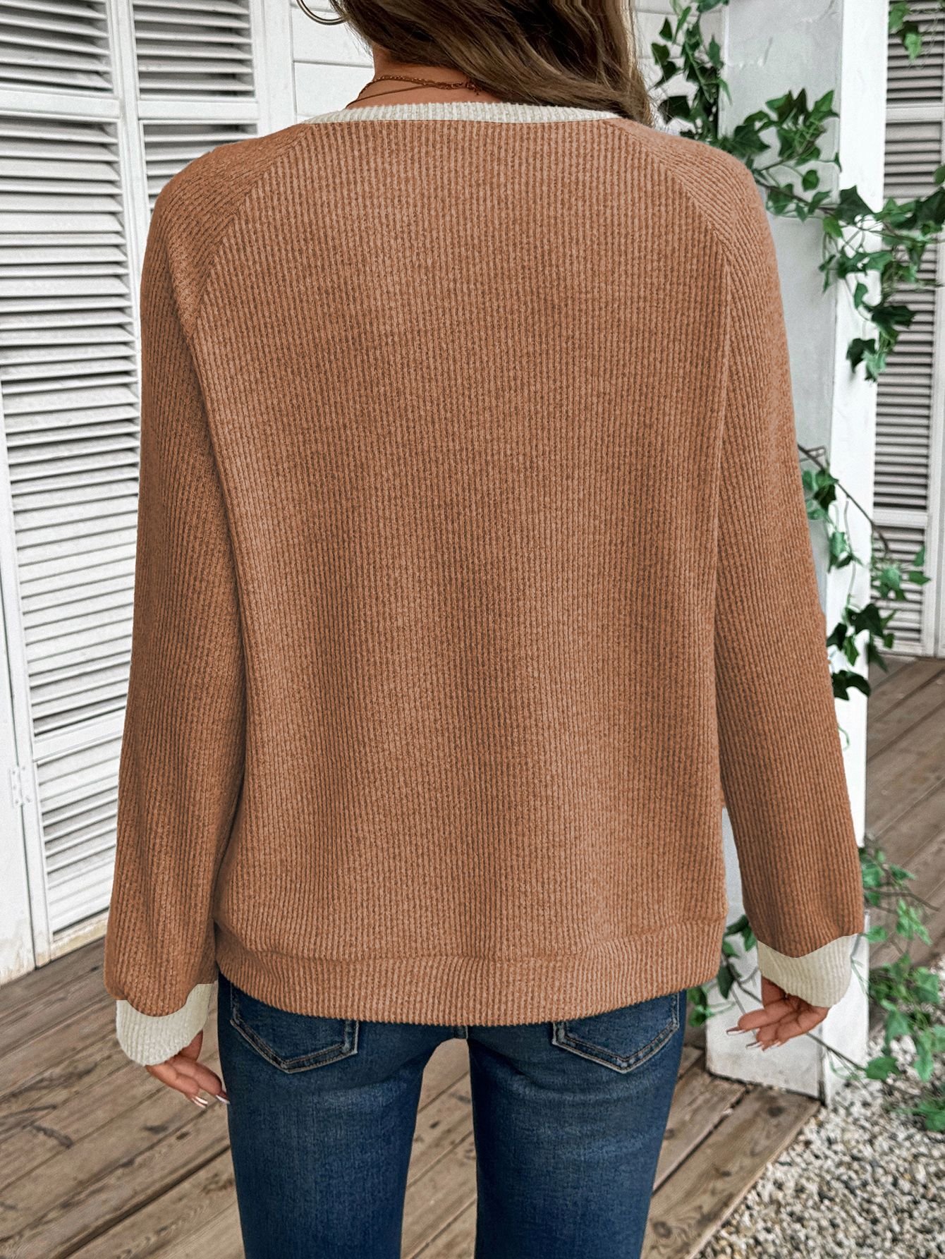 Lässig Farbblock V-Ausschnitt Langarm T-Shirt