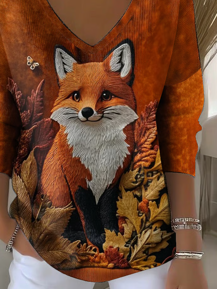 Lässig Tier V-Ausschnitt Langarm T-Shirt