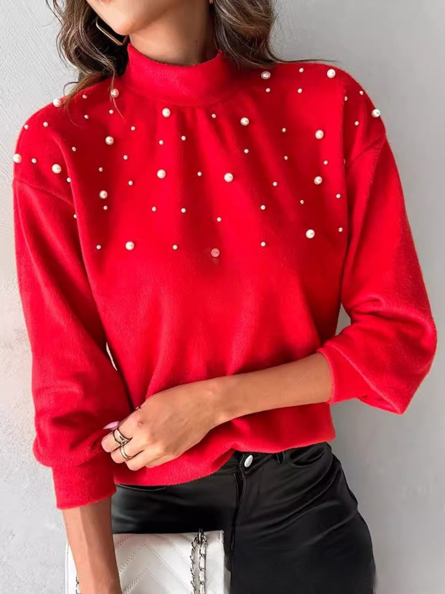 Damen Unifarben Langarm Bequem Straße Perlen Pullover