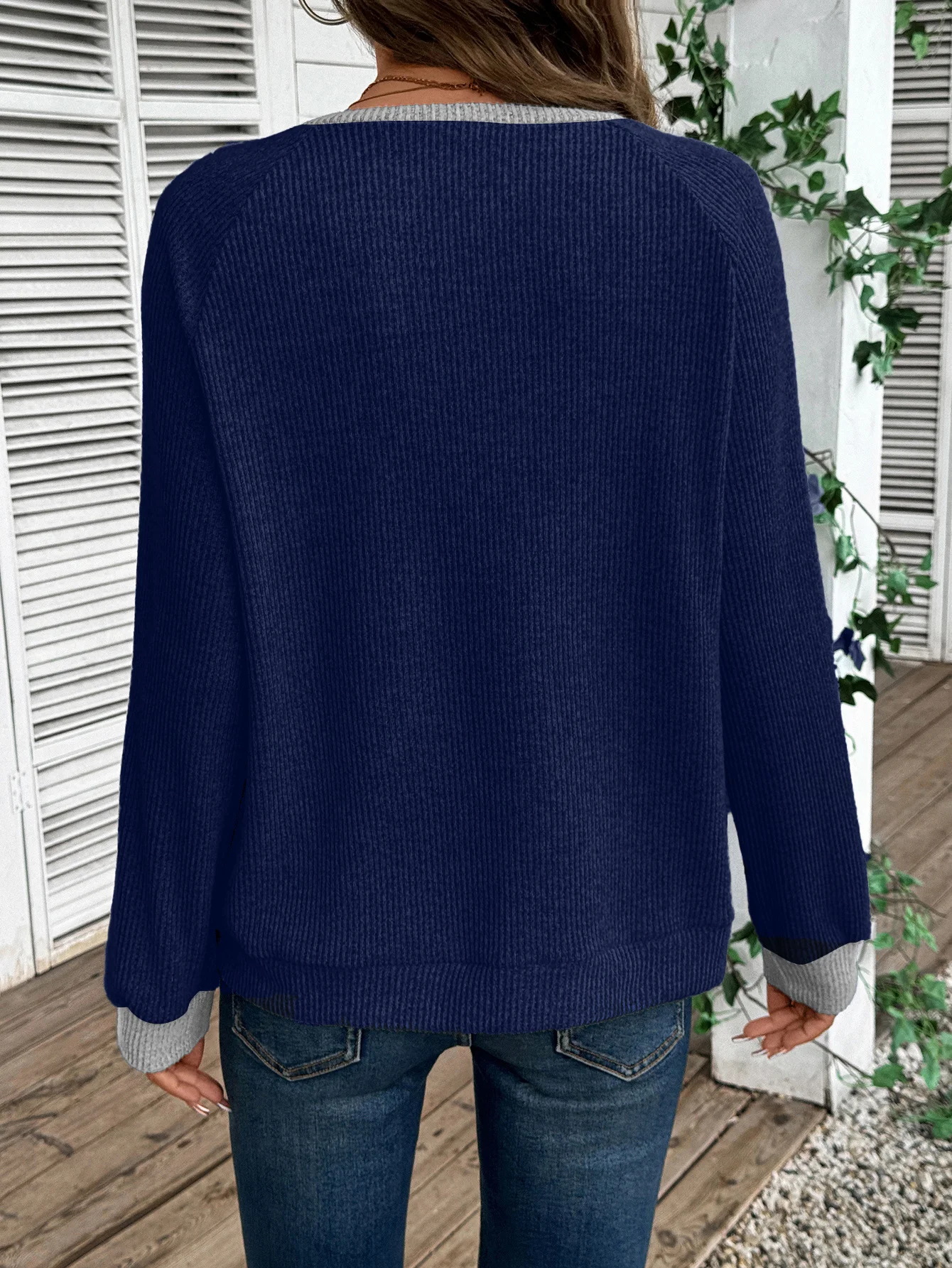Lässig Farbblock V-Ausschnitt Langarm T-Shirt