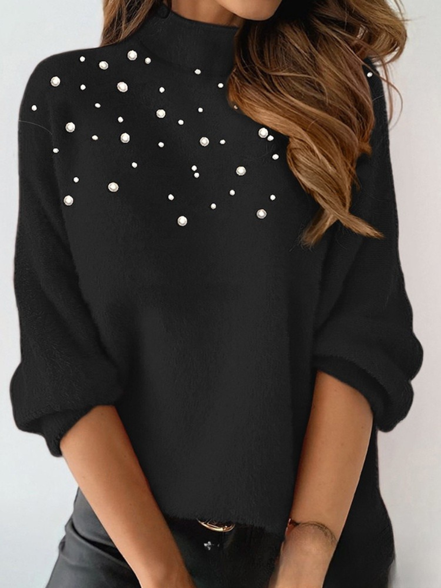 Damen Unifarben Langarm Bequem Straße Perlen Pullover
