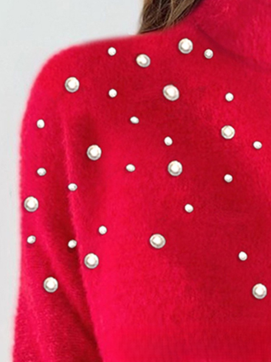 Damen Unifarben Langarm Bequem Straße Perlen Pullover