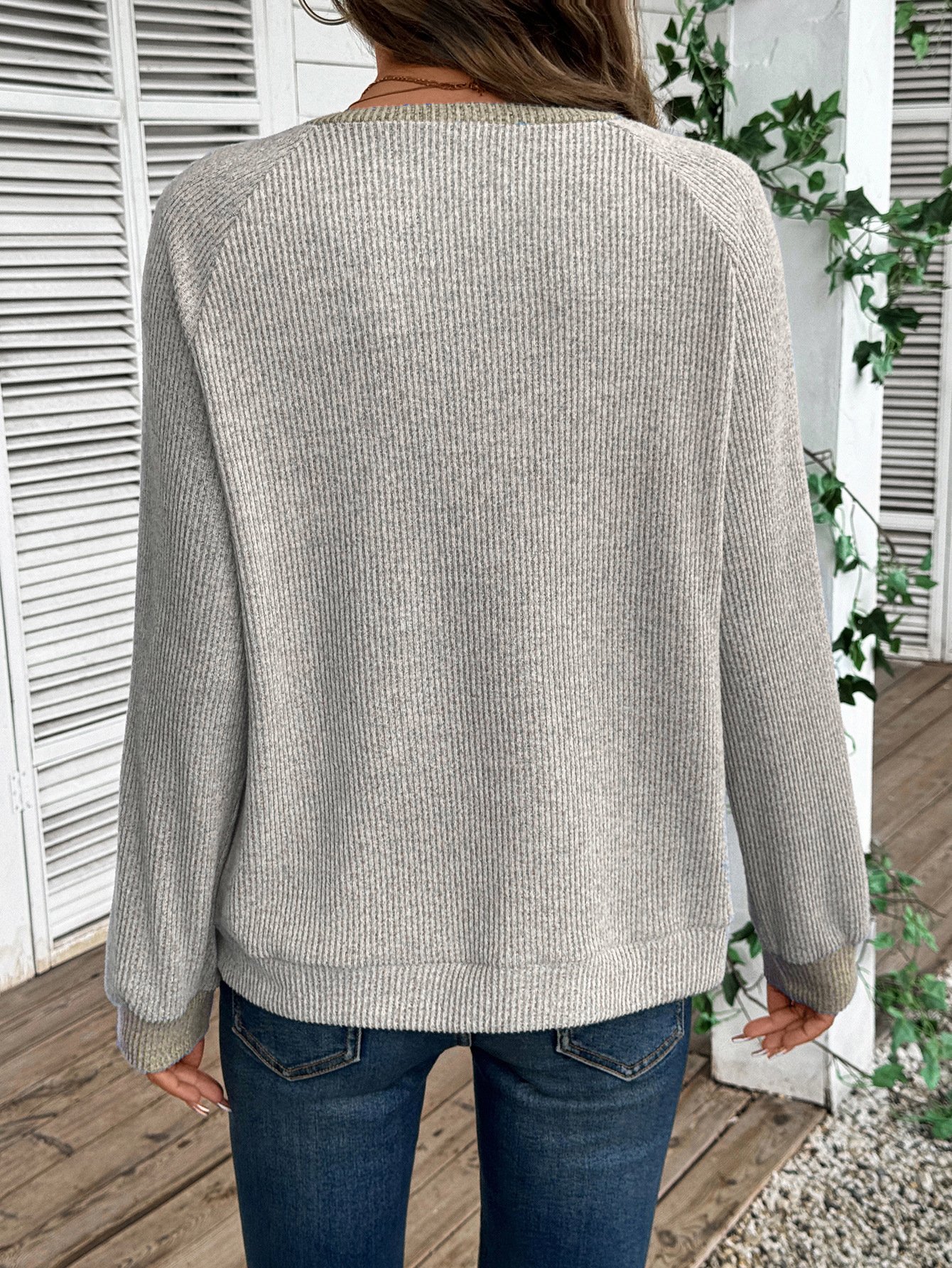 Lässig Farbblock V-Ausschnitt Langarm T-Shirt