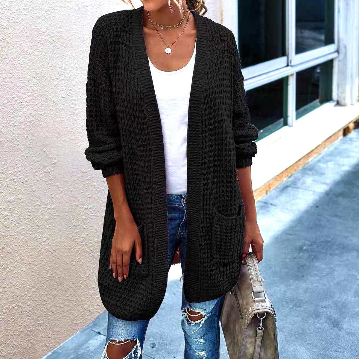 Damen Baumwolle Unifarben Langarm Bequem Lässig Strickjacke