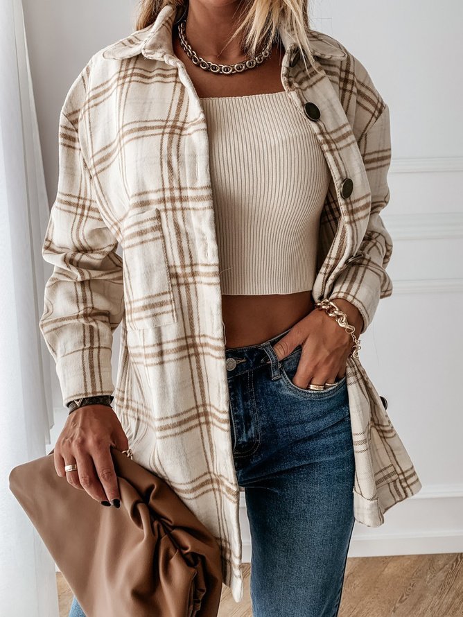 Damen Herbst Oberbekleidung Retro Kariert Langarm Schalkragen Jacke