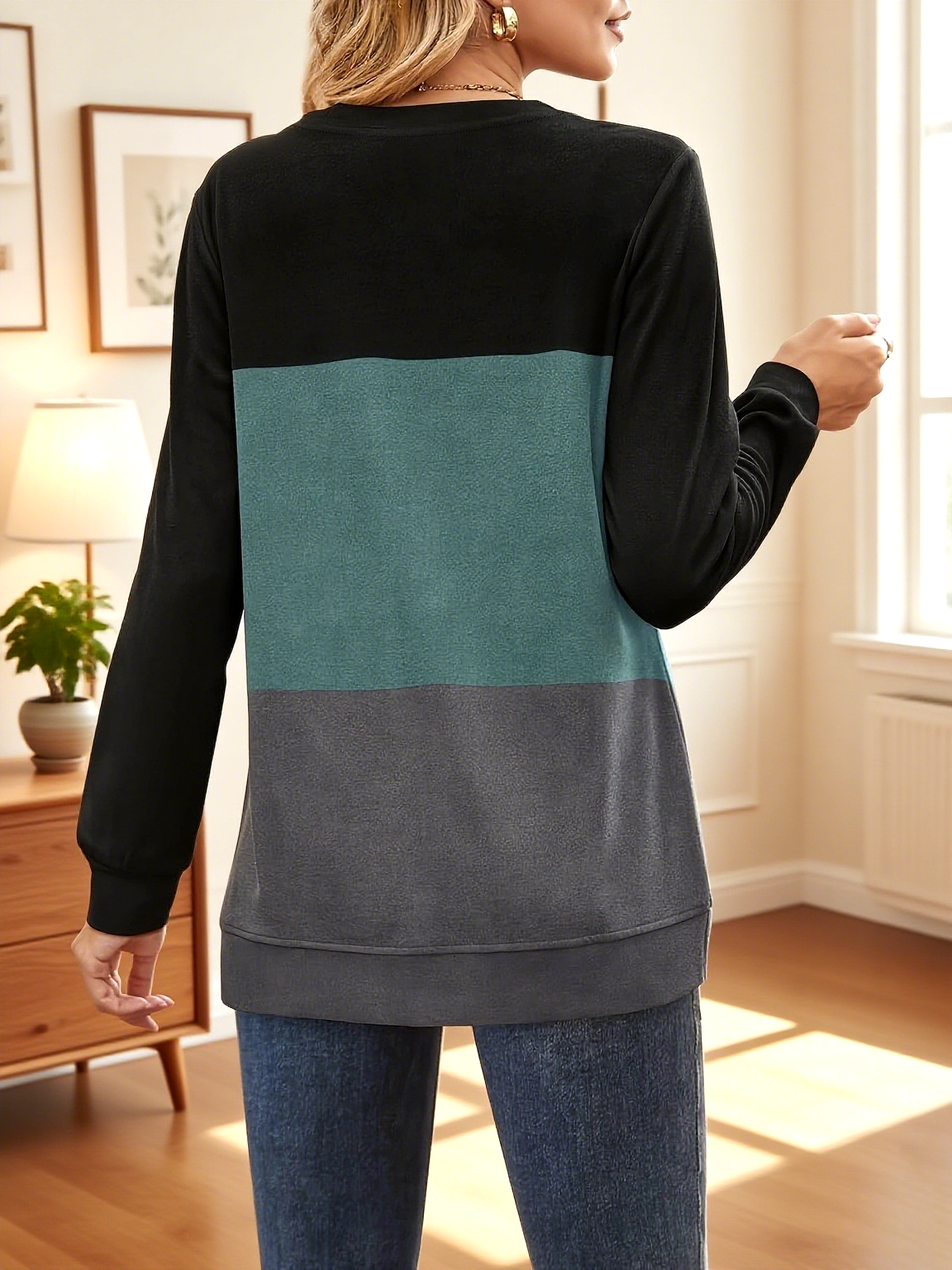 Lässig Rundhals Gestreift Sweatshirt
