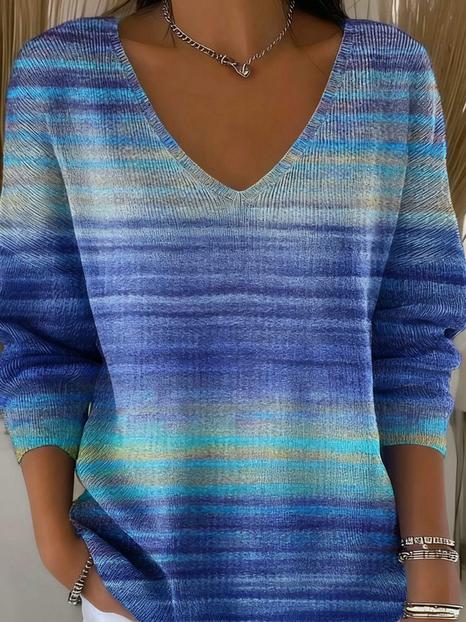Damen Baumwolle Farbverlauf Langarm Bequem Lässig Pullover