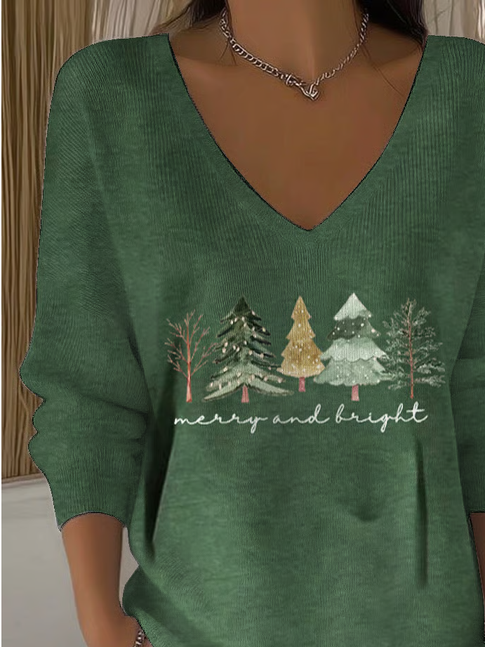 Lässig Weihnachten V-Ausschnitt Langarm T-Shirt