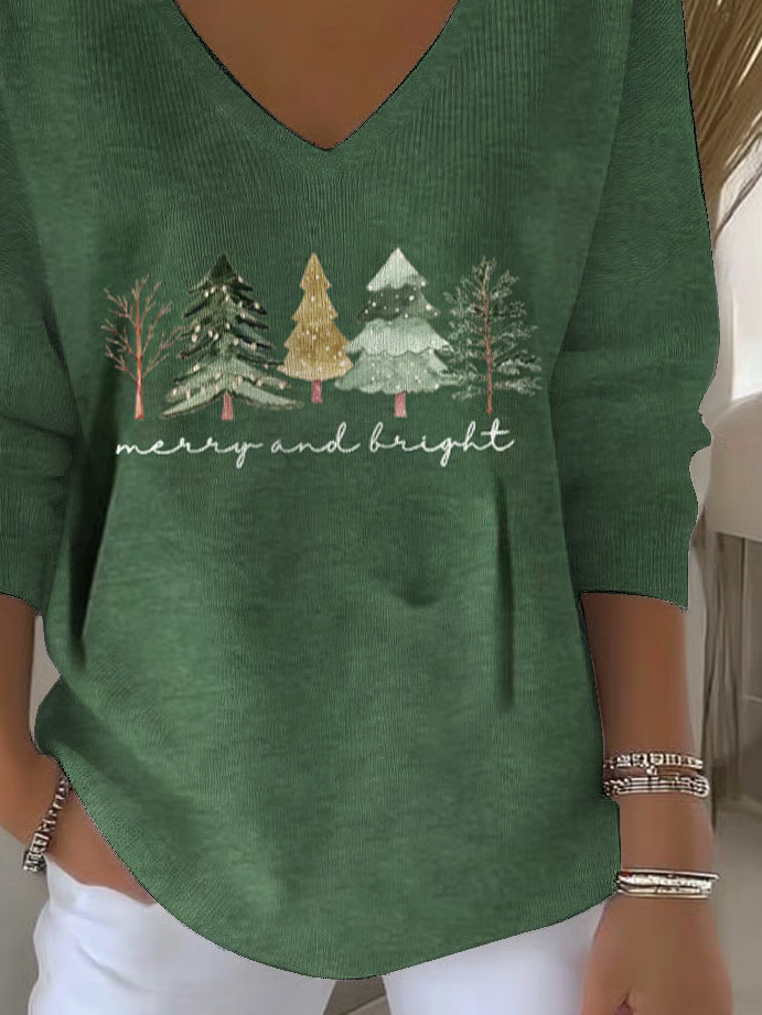 Lässig Weihnachten V-Ausschnitt Langarm T-Shirt