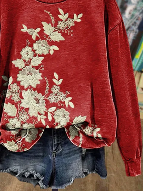 Lässig Rundhals Geblümt Sweatshirt Print
