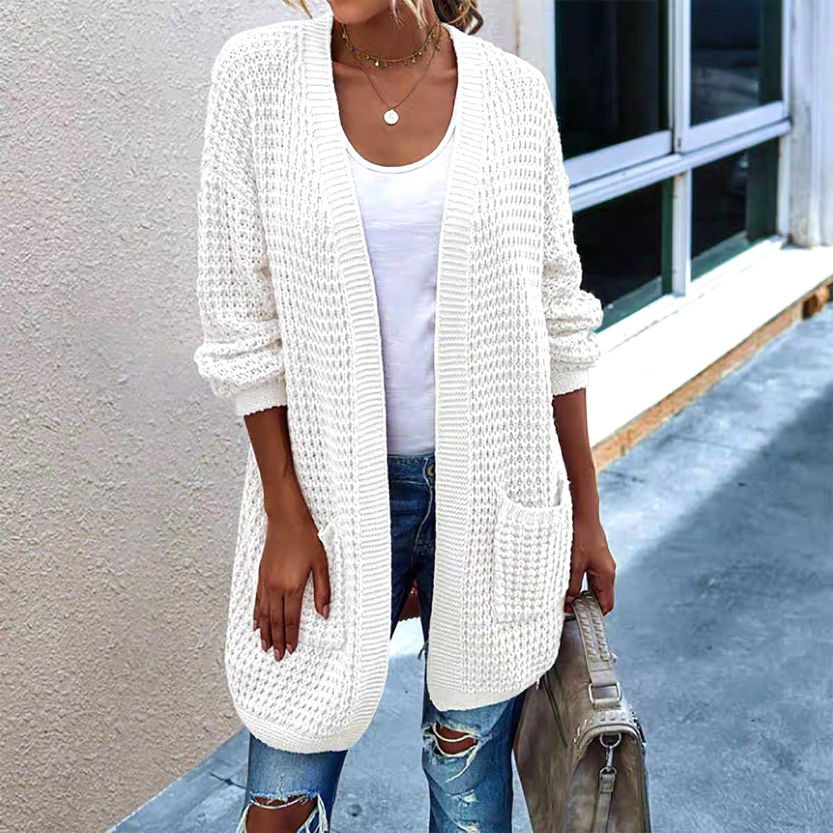 Damen Baumwolle Unifarben Langarm Bequem Lässig Strickjacke