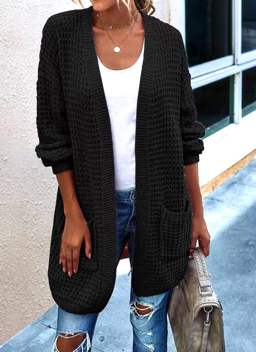 Damen Baumwolle Unifarben Langarm Bequem Lässig Strickjacke