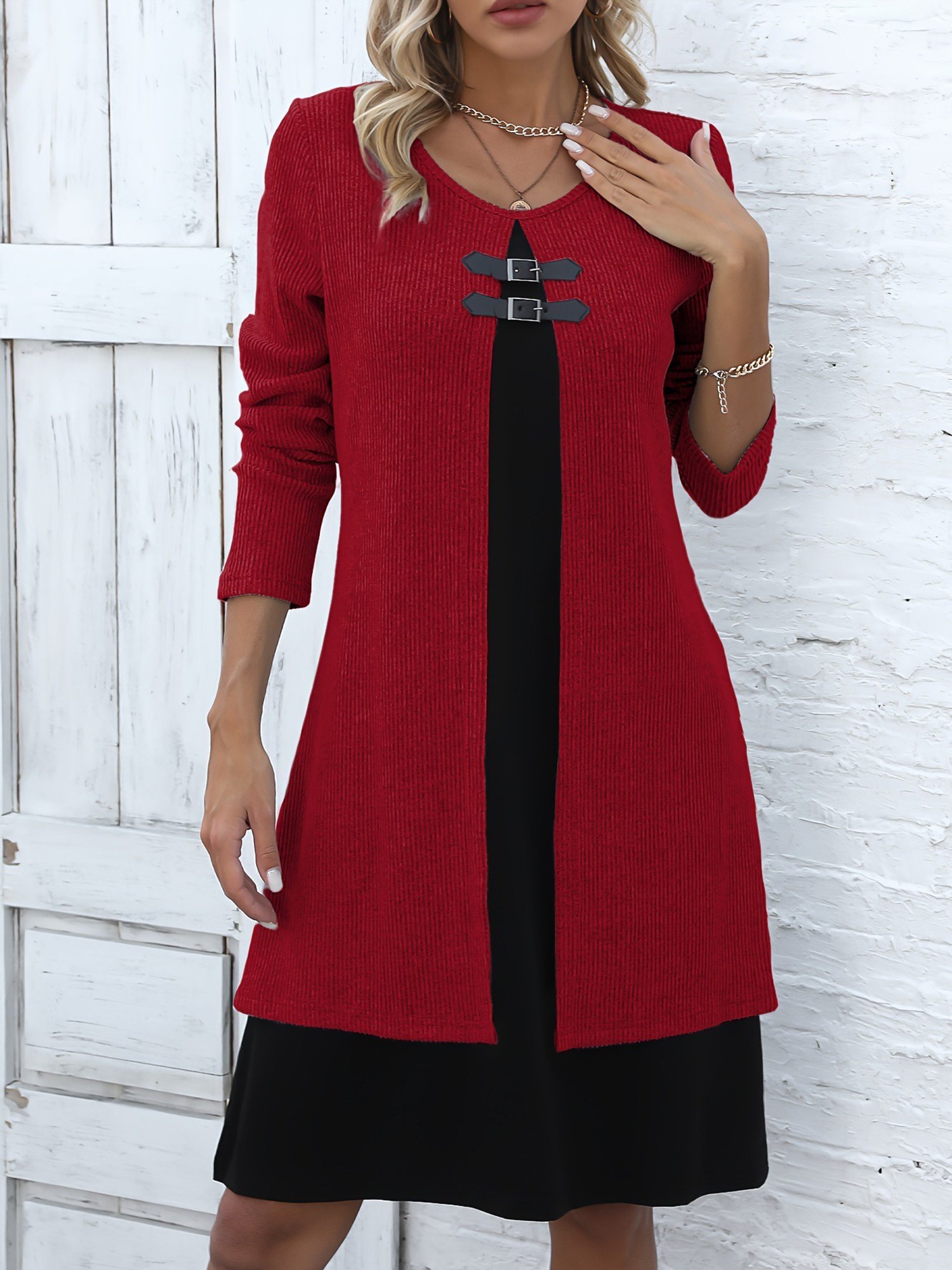 Damen Farbblock Frühling/Herbst Kleid Rundhals Langarm A-Linien-Kleid