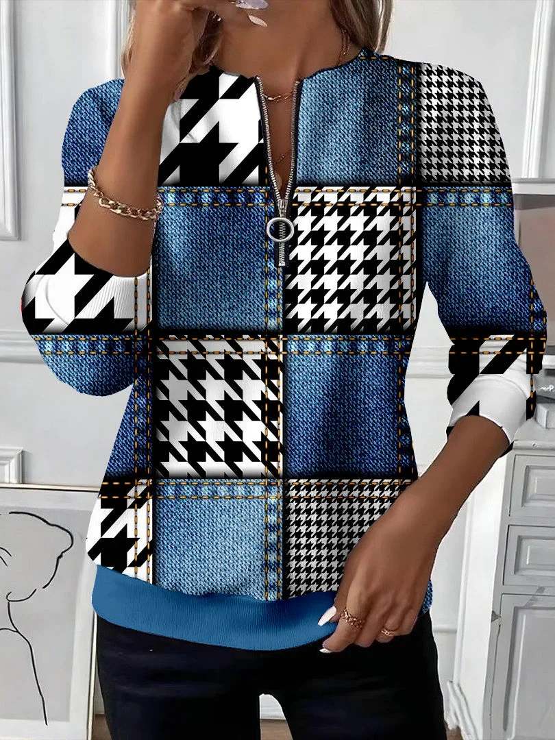Lässig Rundhals Hahnentritt Sweatshirt Print