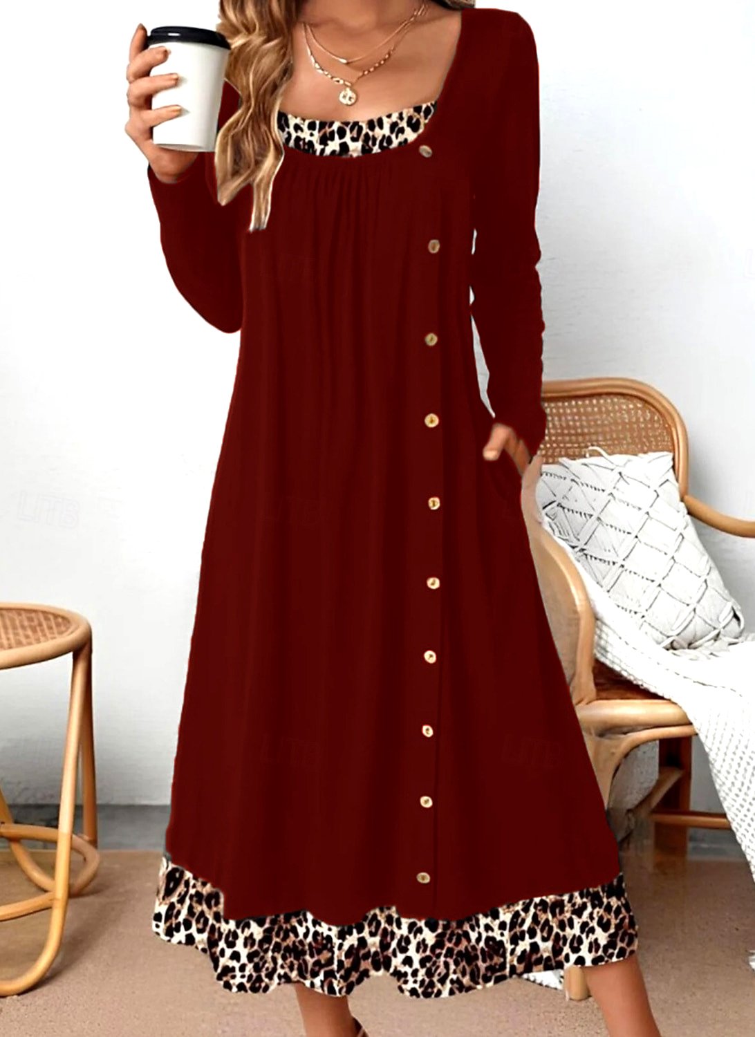 Damen Farbblock Frühling/Herbst Kleid Rundhals Langarm A-Linien-Kleid