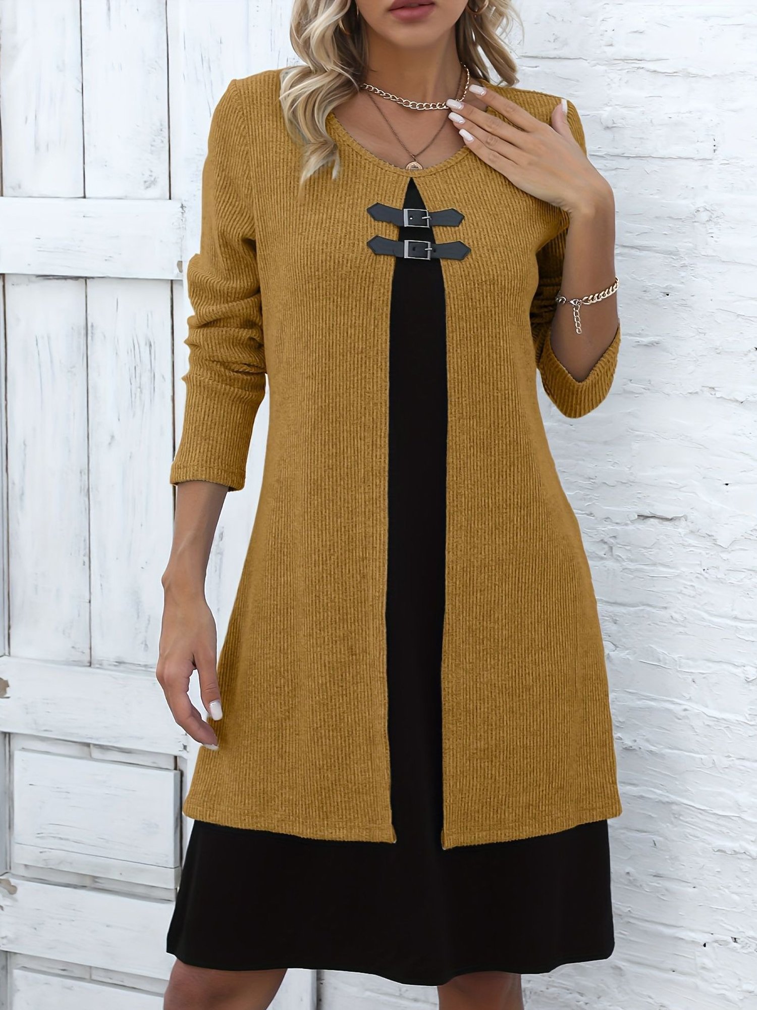 Damen Farbblock Frühling/Herbst Kleid Rundhals Langarm A-Linien-Kleid