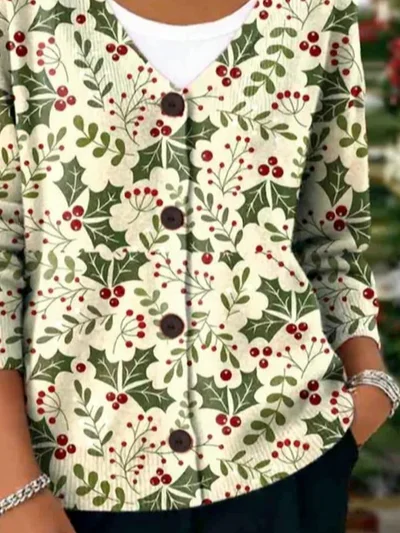 Damen Geblümt Langarm Bequem Lässig Strickjacke