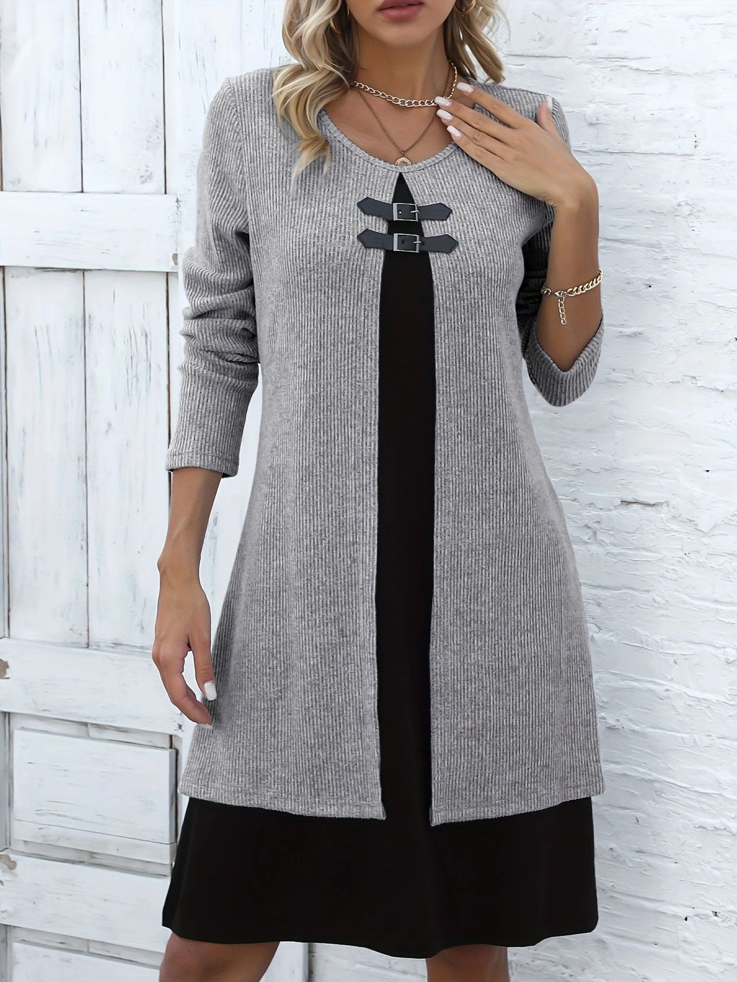 Damen Farbblock Frühling/Herbst Kleid Rundhals Langarm A-Linien-Kleid