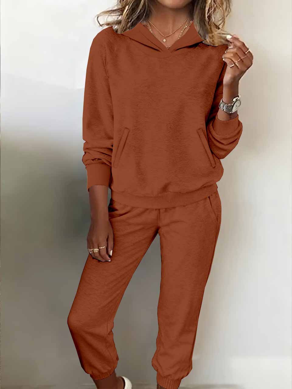 Damen Unifarben Zweiteiliges Set Täglich Langarm Retro Winter Bluse mit Hose Matching Set