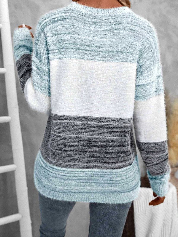 Damen Baumwolle Gestreift Langarm Bequem Lässig Pullover