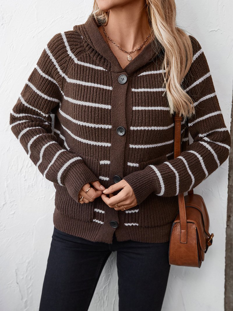 Damen Baumwolle Gestreift Langarm Bequem Lässig Strickjacke