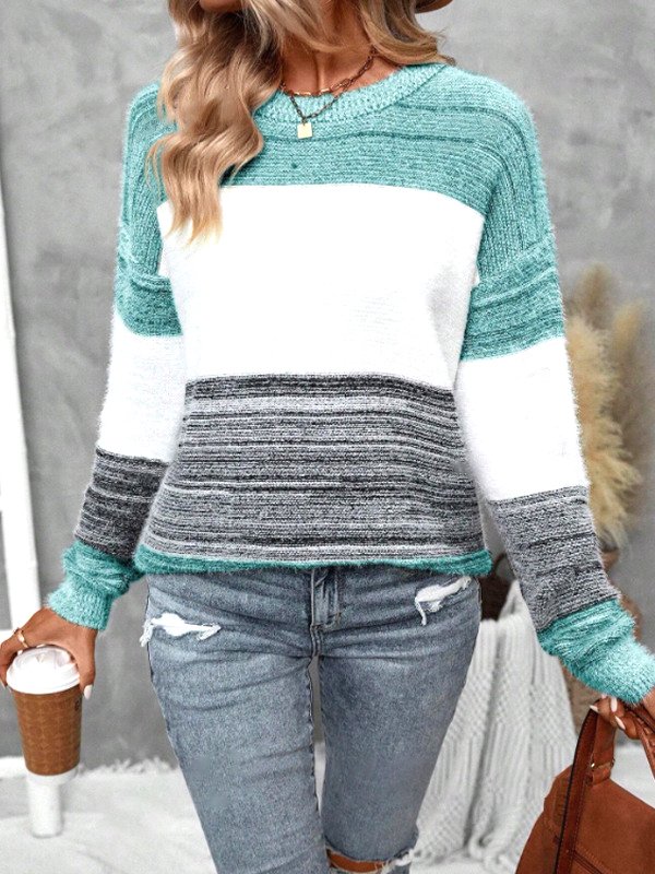 Damen Baumwolle Gestreift Langarm Bequem Lässig Pullover