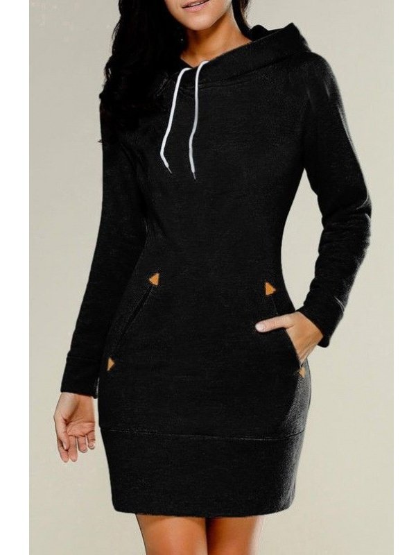 Damen Unifarben Frühling/Herbst Nahtverarbeitung Kleid Kapuze Langarm Tanktop A-Linien-Kleid