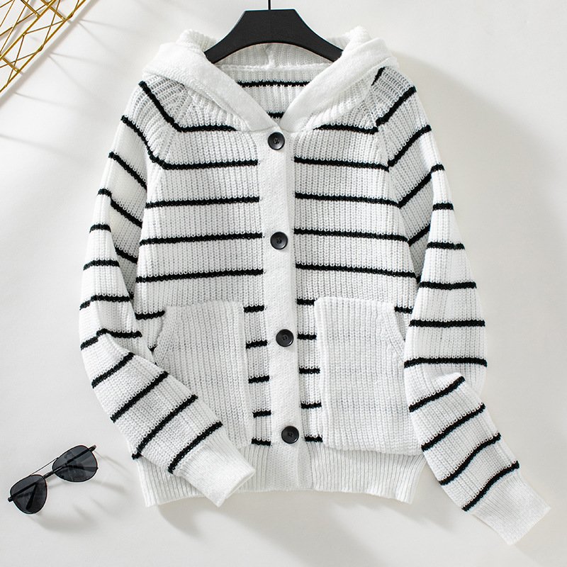 Damen Baumwolle Gestreift Langarm Bequem Lässig Strickjacke