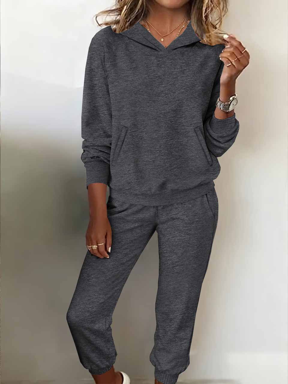 Damen Unifarben Zweiteiliges Set Täglich Langarm Retro Winter Bluse mit Hose Matching Set