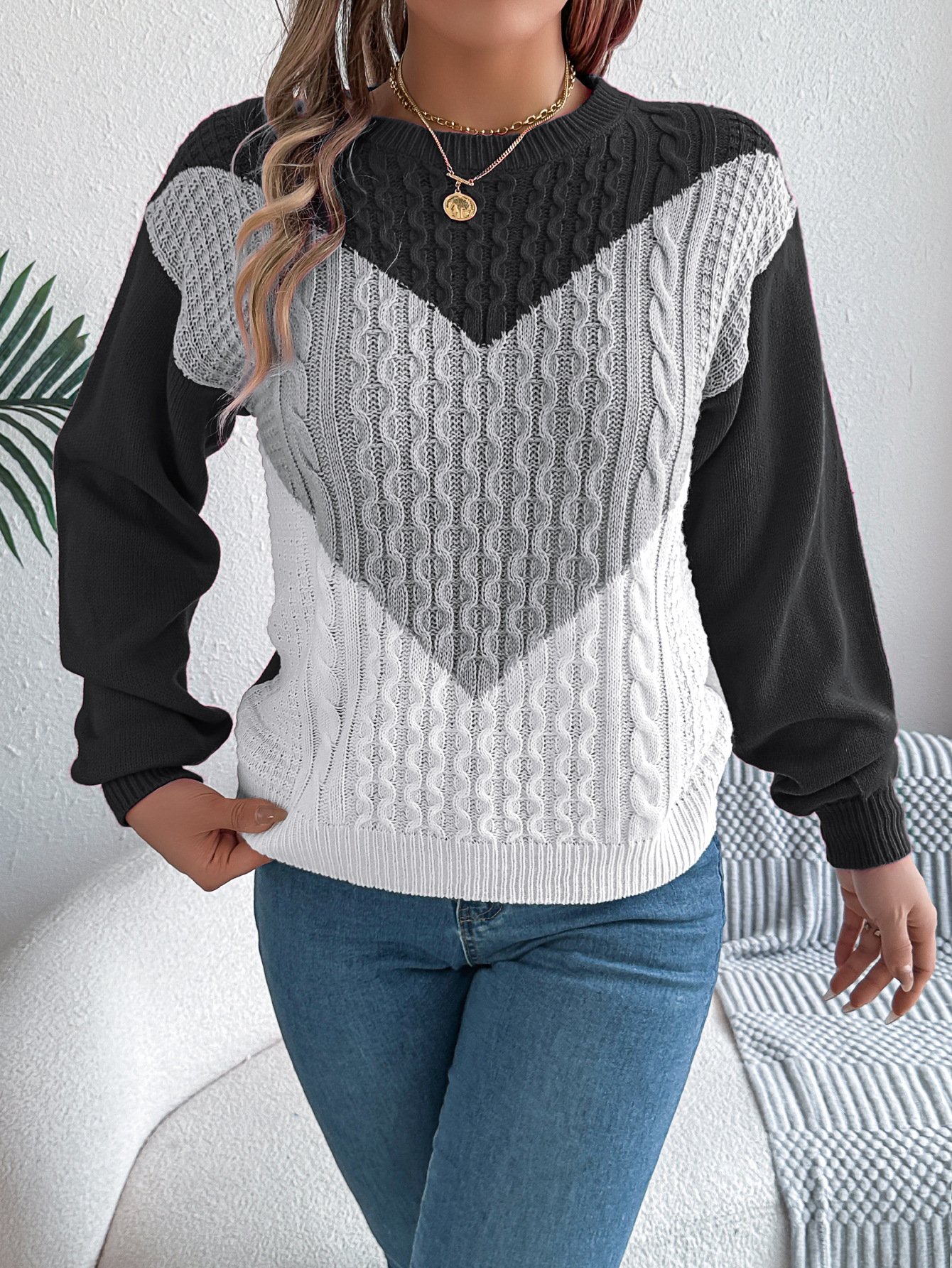 Damen Baumwolle Geometrisch Langarm Bequem Lässig Pullover