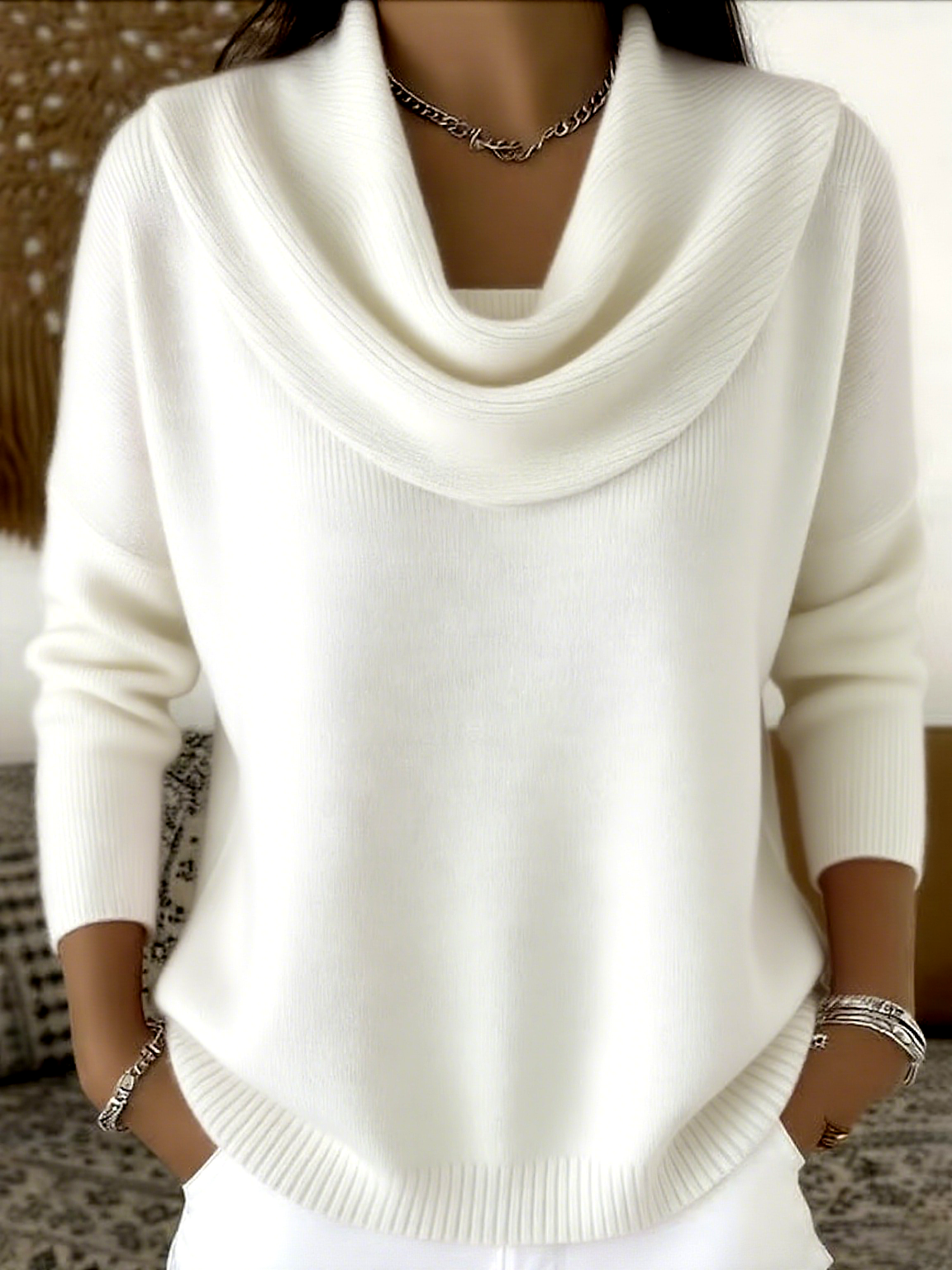 Damen Baumwolle Unifarben Langarm Bequem Lässig Pullover